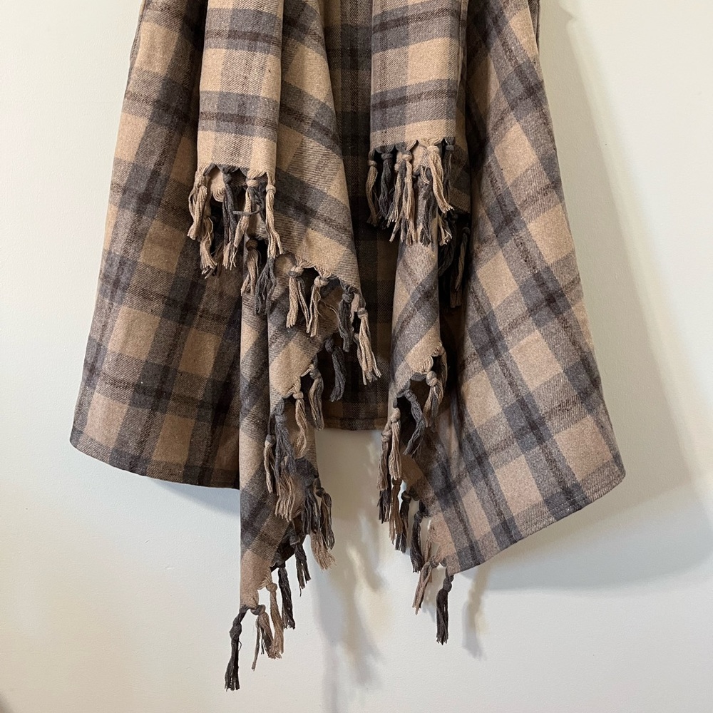 Entro Brown Plaid Fringe Sleeveless Drapey Open Front Wool Blend Vest Size M - Picture 4 of 9